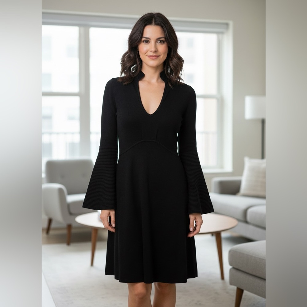 Jessica Howard black sweater Dress long bell ribbed sleeves V Neck LARGE collar